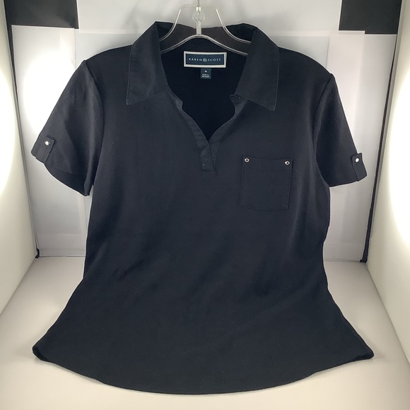 Karen Scott Womens Black Collared Stretch Fitted Tee M - Picture 2 of 5